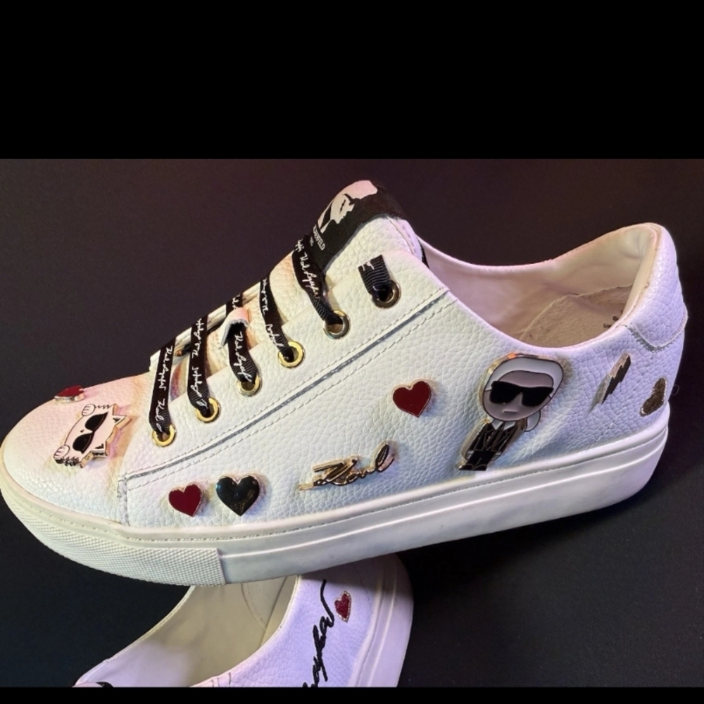 Karl Lagerfeld White Sneakers with Black Laces and Red Accents - Picture 2 of 6